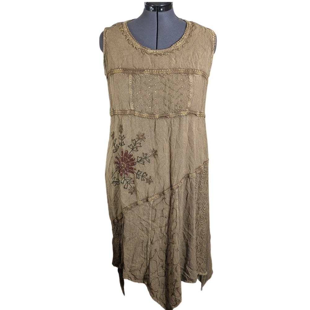 Y2K Forest Fairy Grunge Embroidered Dress 2X Indie Boho Asymmetrical Hem